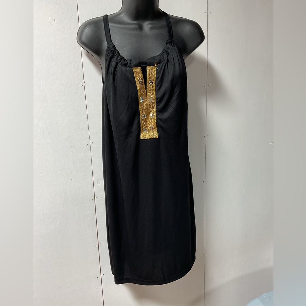 Black Sleeveless Tunic Top with Gold Sequin Accent
